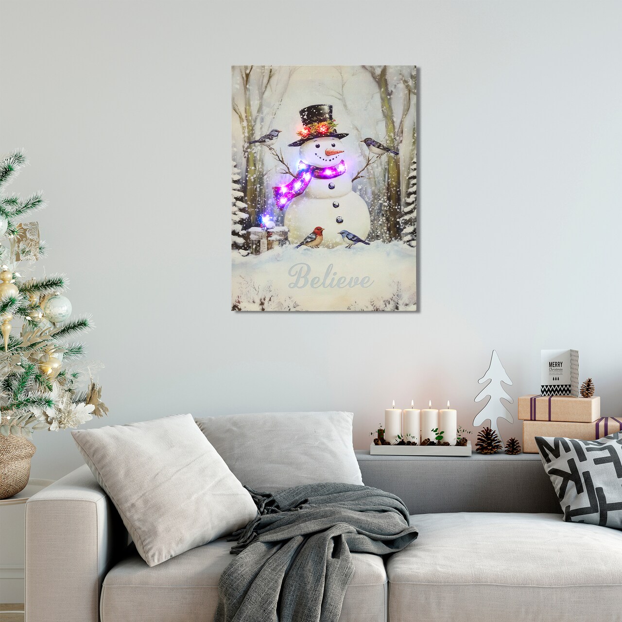 Northlight LED Lighted Snowman and Birds Believe Christmas Canvas Wall Art - 11.75" x 15.75"